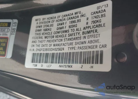 2013 Honda Civic Lx from USA, damaged, VIN 2HGFG3B55DH525624